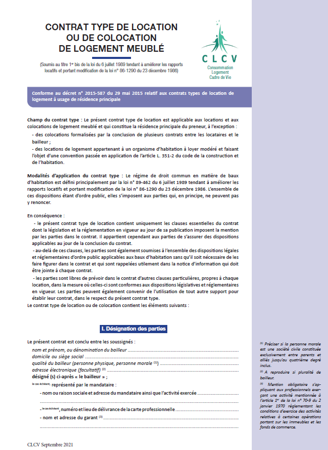 CONTRAT TYPE DE LOCATION OU DE COLOCATION DE LOGEMENT MEUBLÉ