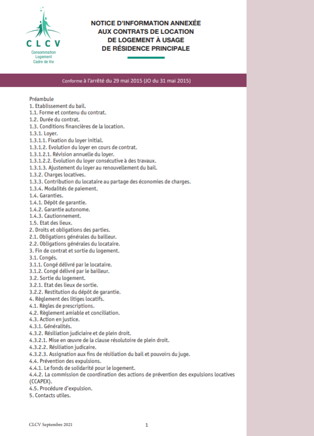 NOTICE D’INFORMATION ANNEXÉE AUX CONTRATS DE LOCATION DE LOGEMENT À USAGE DE RÉSIDENCE PRINCIPALE