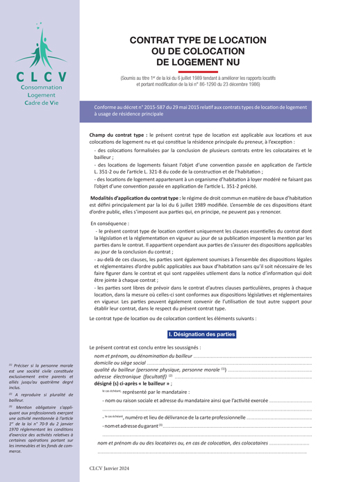 CONTRAT TYPE DE LOCATION OU DE COLOCATION DE LOGEMENT NU